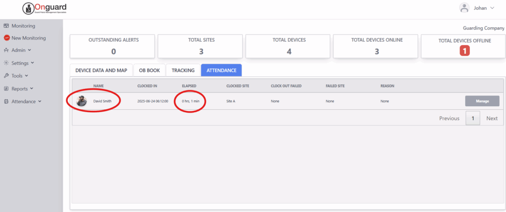 Clocking with a tag: attendance monitoring screen